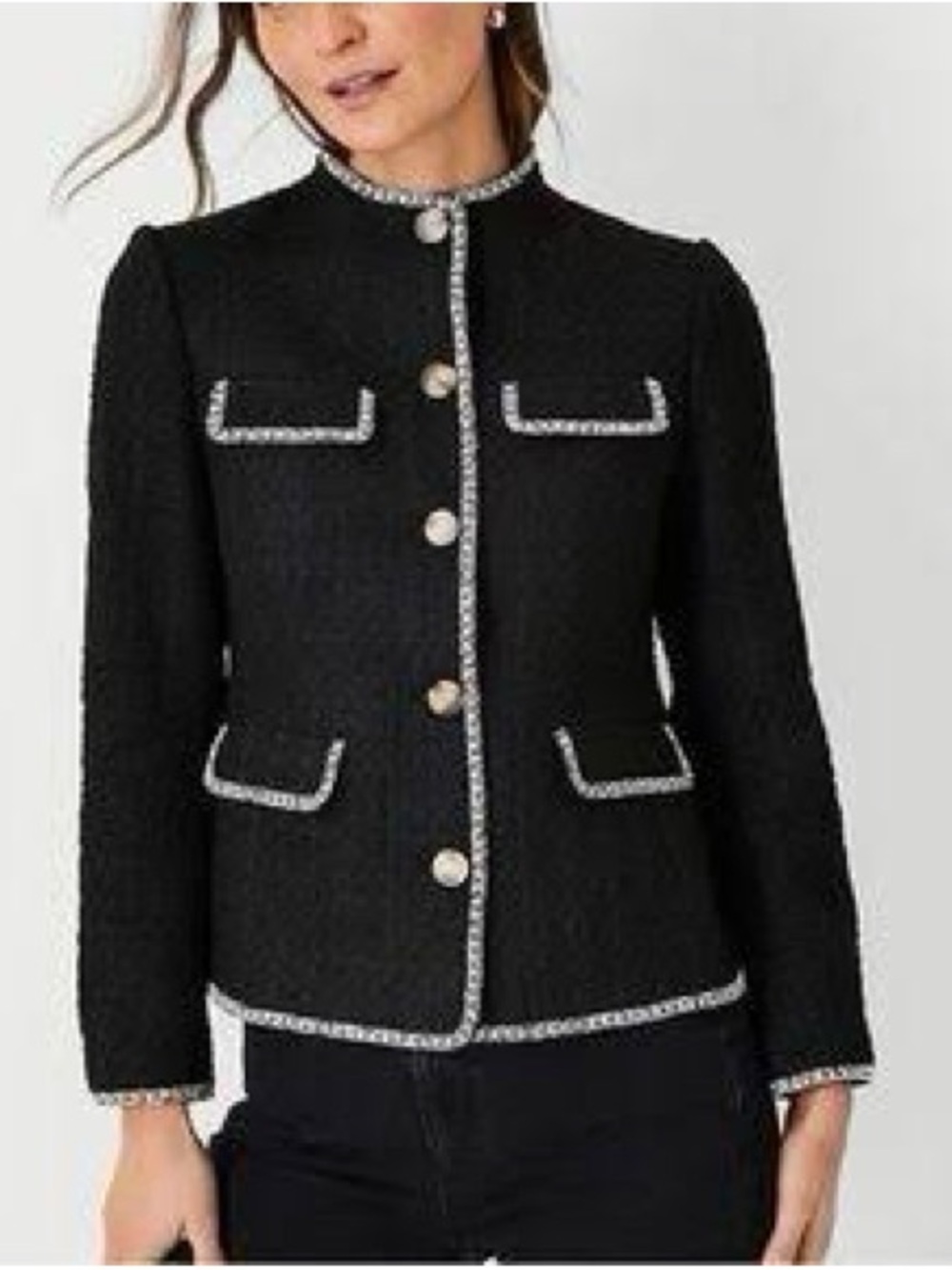 ANN TAYLOR classic black jacket-blazer white trim size 12